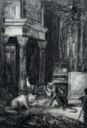 ギュスターヴ・モロー（原画）、フェリックス・ブラックモン（刻）《猿と猫「ラ・フォンテーヌの寓話」より》1886年
