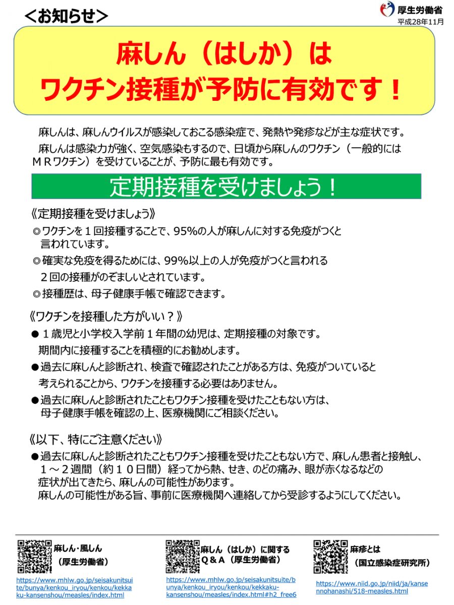 リーフレット麻しんには予防接種が有効です