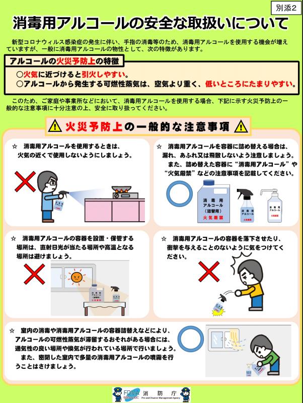 消毒用アルコールの取扱いについて注意事項が記載されたチラシが表示されています。内容は上述と同様です。