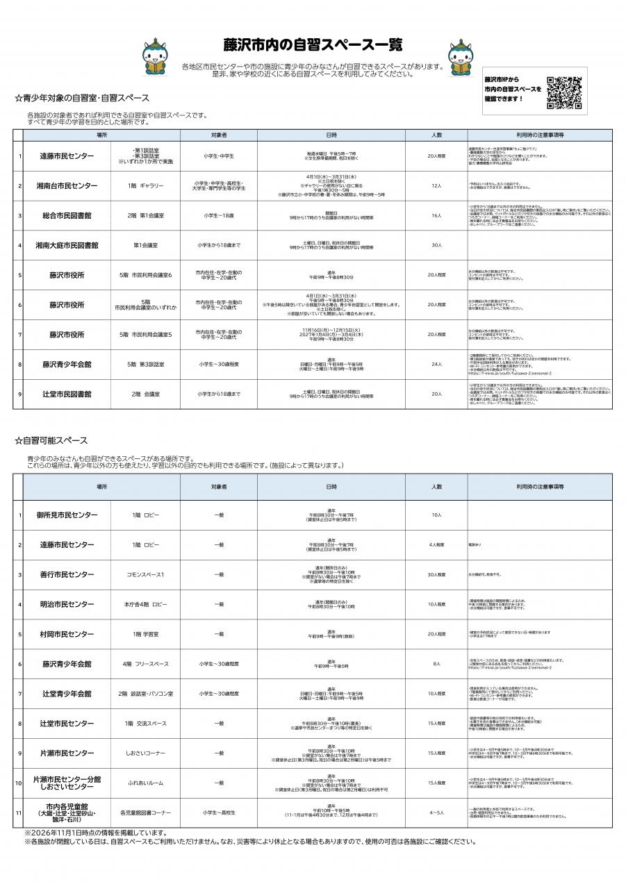 1101自習スペース一覧