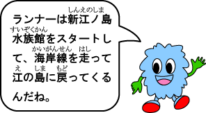 ランナーは新江ノ島水族館をスタートして、海岸線を走って江の島に戻ってくるんだね。 ランナーは新江ノ島水族館をスタートして、海岸線を走って江の島に戻ってくるんだね。