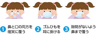 （1）鼻と口の両方を確実に覆う（2）ゴムひもを耳に掛ける（3）隙間がないよう鼻まで覆う