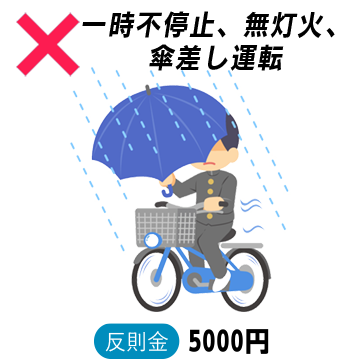 一時不停止、無灯火、傘差し運転 反則金　5000円